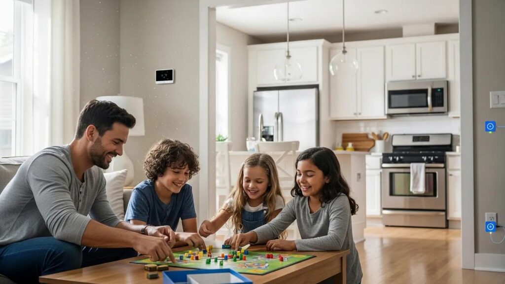 Happy family enjoying a safe home, highlighting benefits of electrical panel upgrades.