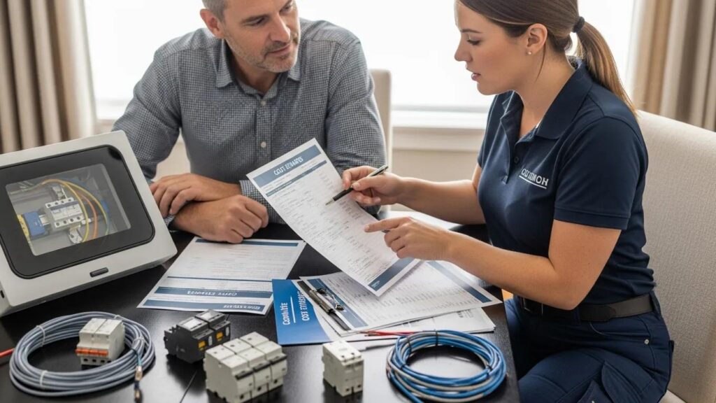 Homeowner discussing costs of 200 Amp electrical panel upgrade with an electrician.