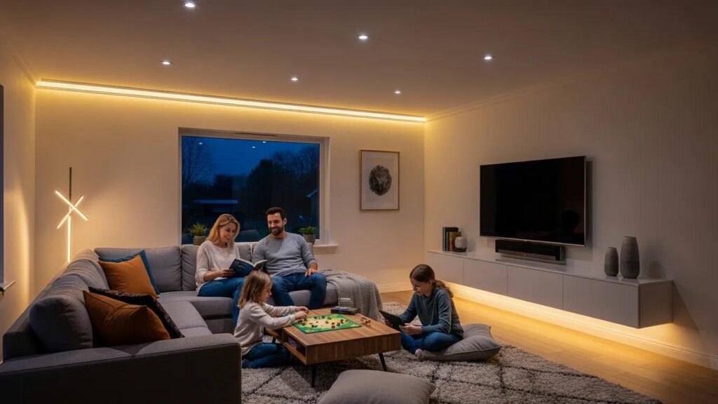 Cozy living room with LED lighting installations highlighting energy savings