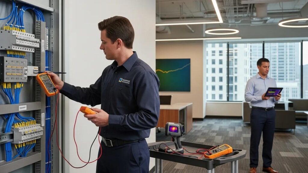 Electrician conducting an energy audit in a commercial space for efficiency