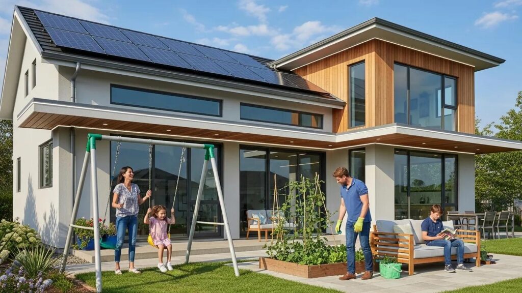Modern home with solar panels and LED lighting showcasing energy efficiency